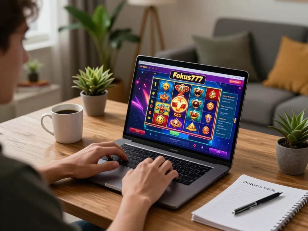 Player engaging with Fokus777 online slots at home with cozy ambient lighting and strategy notes.