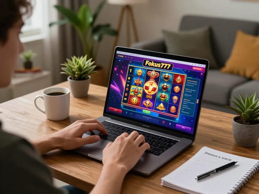 Player engaging with Fokus777 online slots at home with cozy ambient lighting and strategy notes.
