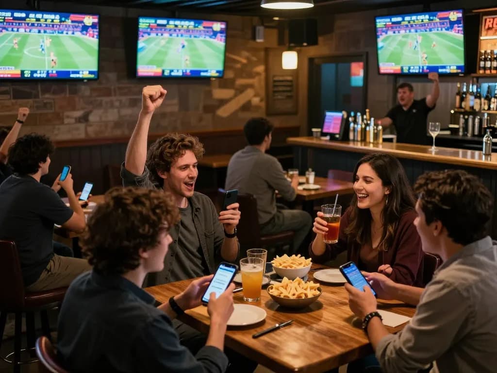 Experience the thrill of sports betting with sunwin at a vibrant bar, cheering patrons, and live game action.