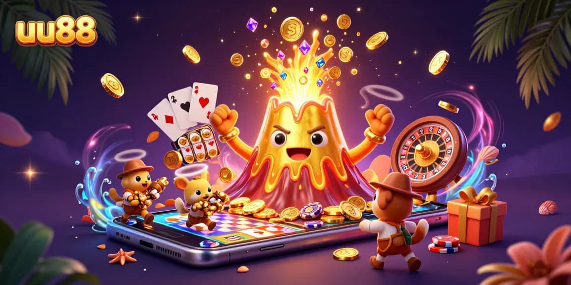 Spin and win with uu88 on a colorful 3D gaming scene filled with treasures.