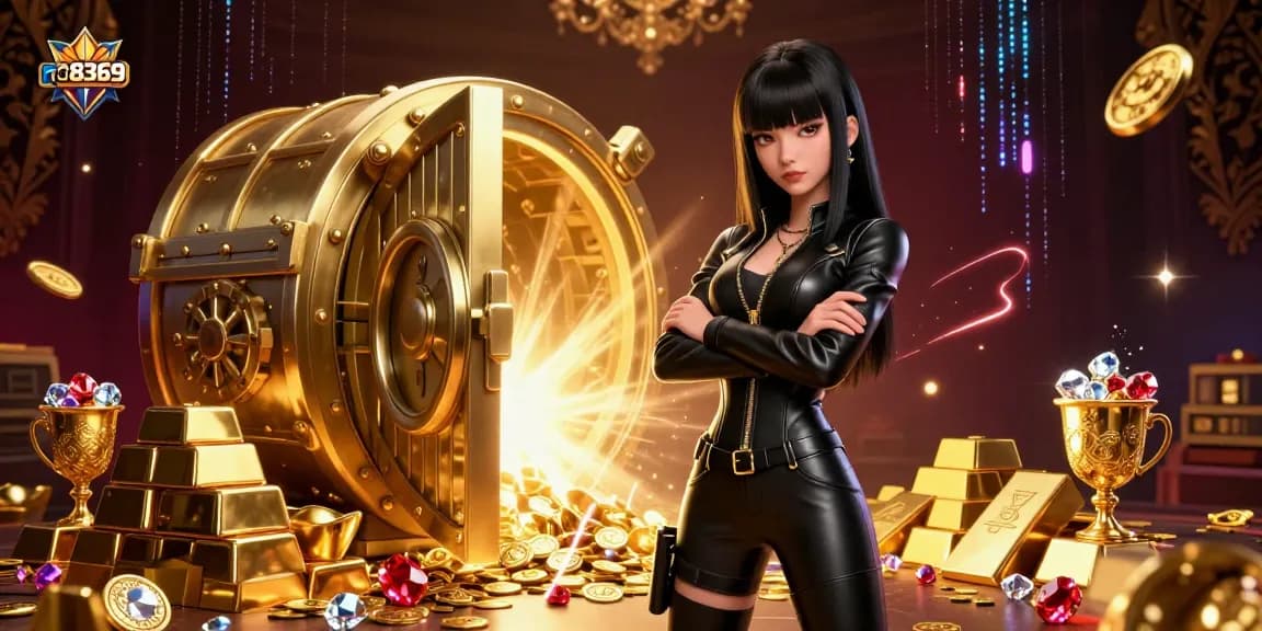 Engage with thrilling gameplay at rg8369, featuring a dynamic 3D scene of an Asian woman in a leather outfit amidst gold bars and neon highlights.
