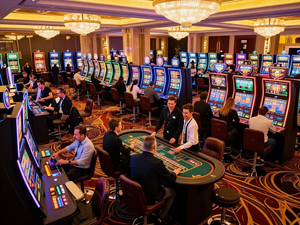 Engaged players at the lively open888 casino floor spinning slots and cheering