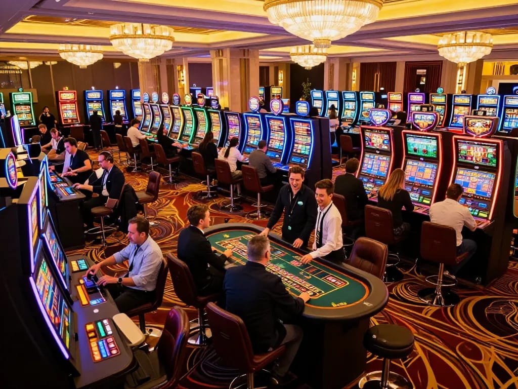 Engaged players at the lively open888 casino floor spinning slots and cheering