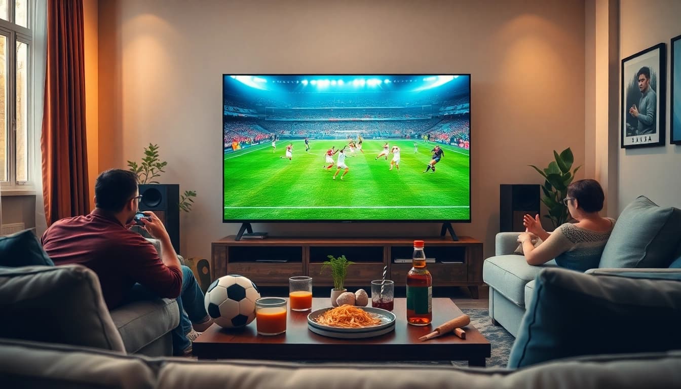 Socolive live football streaming in a cozy home setup with snacks and drinks.