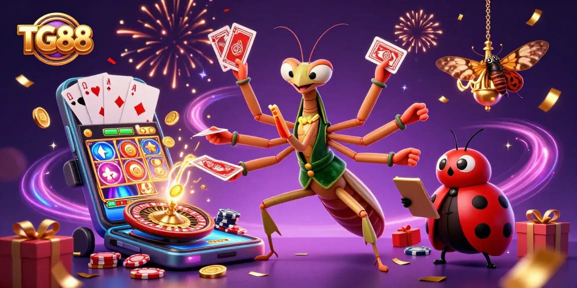 Experience the thrilling action at TG88 with a vibrant casino scene featuring animated card dealing and slot games.