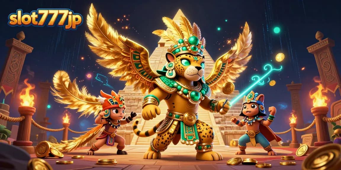 Spin jackpots at slot777jp with vibrant scenes featuring a Mayan jaguar priest and golden treasures.