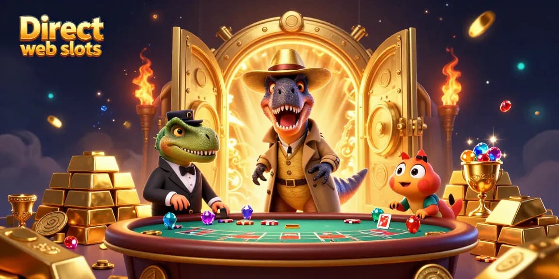 Experience thrilling gameplay at Direct web slots with cartoon velociraptor and dino characters amidst treasure.