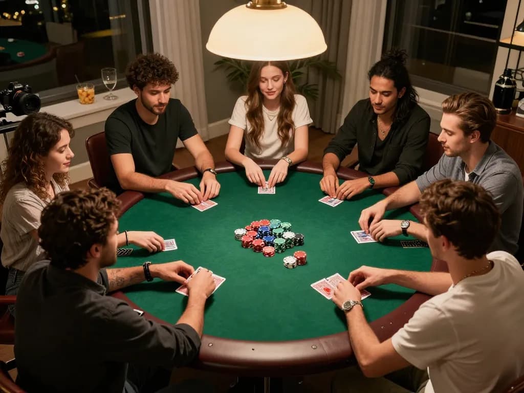 Rikvip players enjoying a friendly home poker game with vibrant cards and chips on the table.