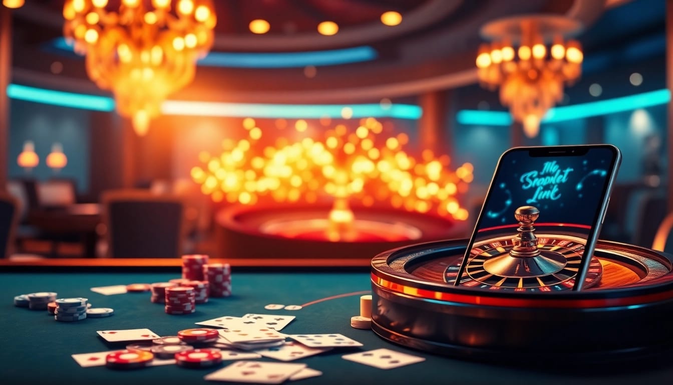Experience the thrill of betting through the sbobet link with a vibrant casino scene featuring poker chips and cards.
