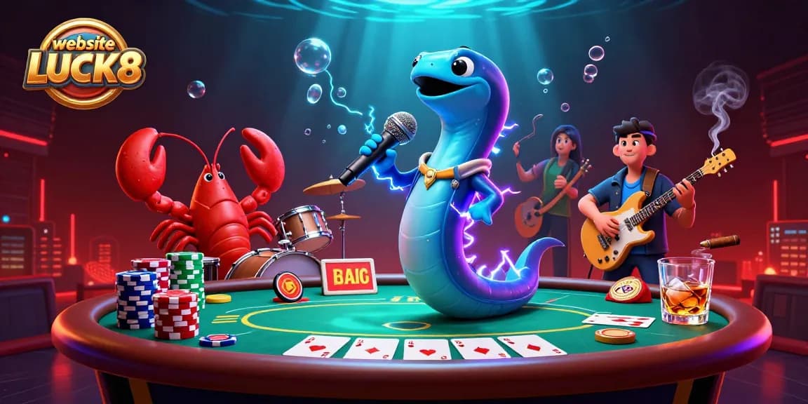 Experience the thrilling gameplay at website LUCK8 with an electric eel DJ performing in a vibrant casino setting.