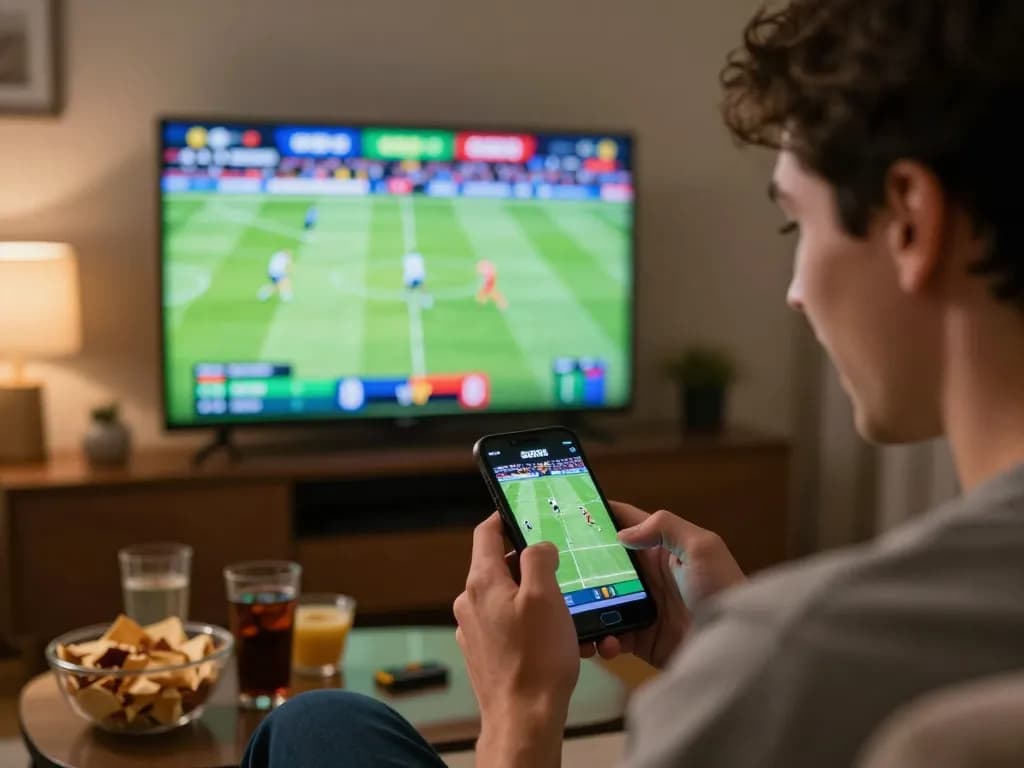 Engaged bettor using GO88 app for live betting on a thrilling sports match in a cozy home setting.