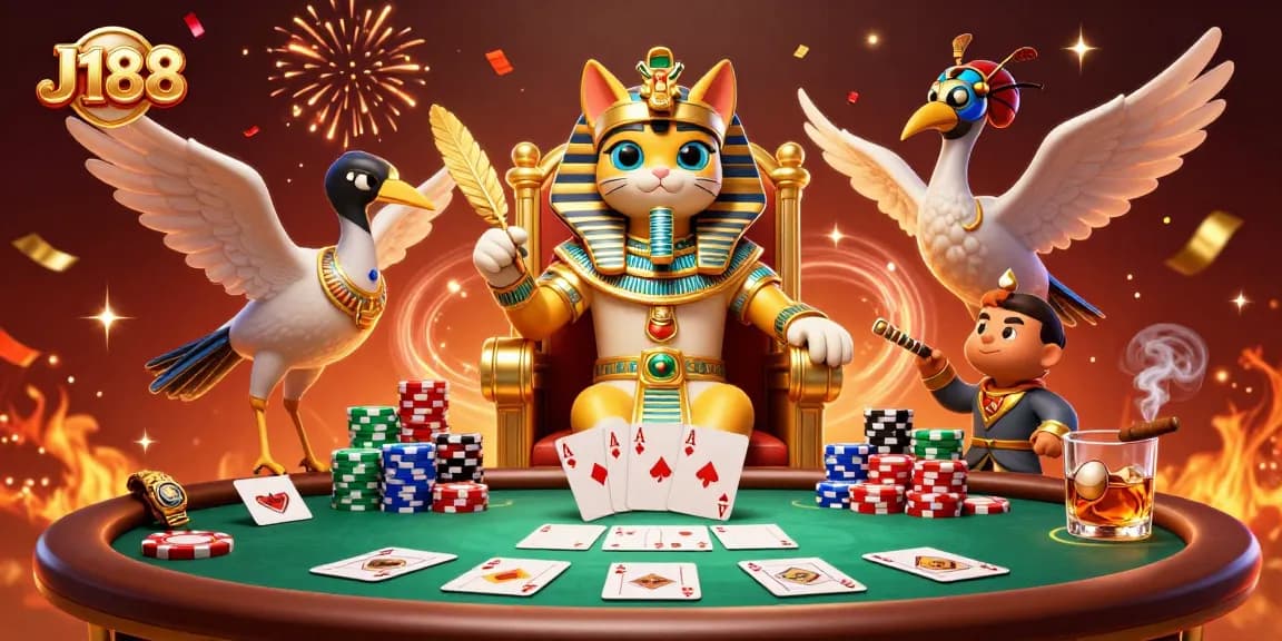 Play at J188 with the iconic Egyptian cat pharaoh in a vibrant casino scene featuring poker elements.