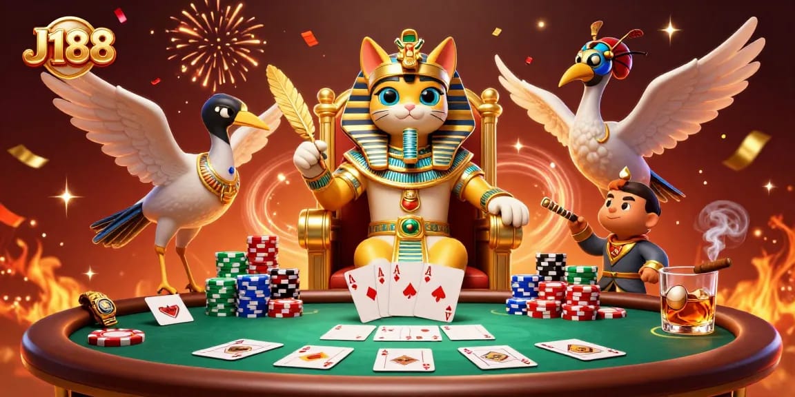 Play at J188 with the iconic Egyptian cat pharaoh in a vibrant casino scene featuring poker elements.