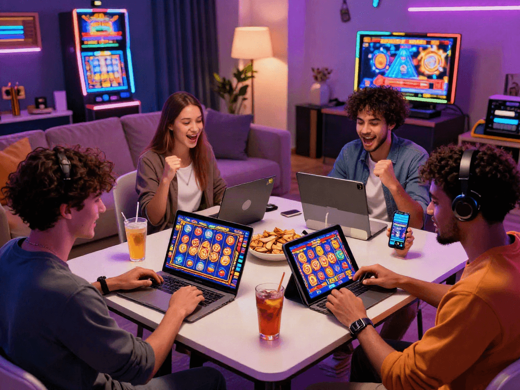 Friends enjoying slot gacor online gambling on multiple devices in a lively setting.