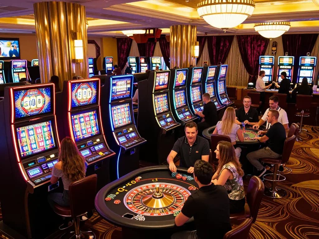 Action-packed view of players at a casino, engaging with slot machines, emphasizing nhà cái experience in vibrant setting.