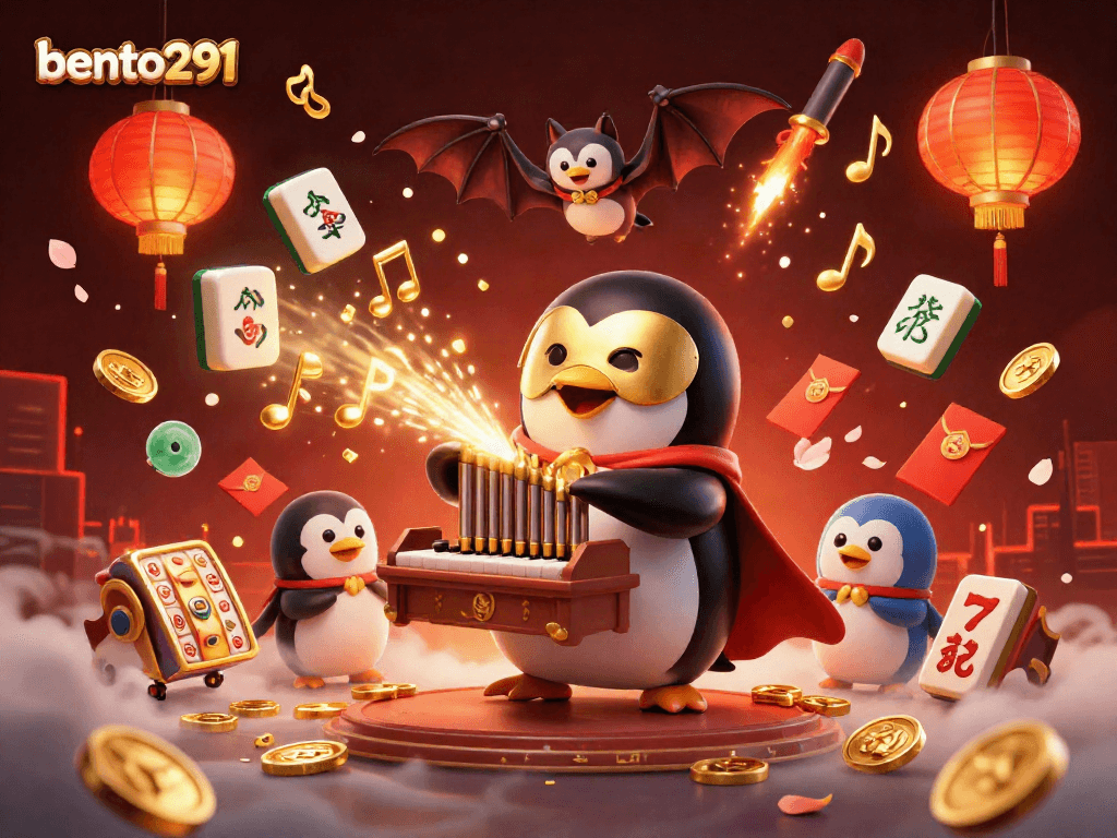 Bento291 casino scene featuring a playing penguin and golden coins flowing from an organ