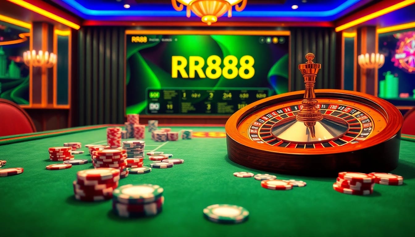 Exciting RR88 casino scene with poker chips, cards, and a roulette wheel in a luxurious setting.