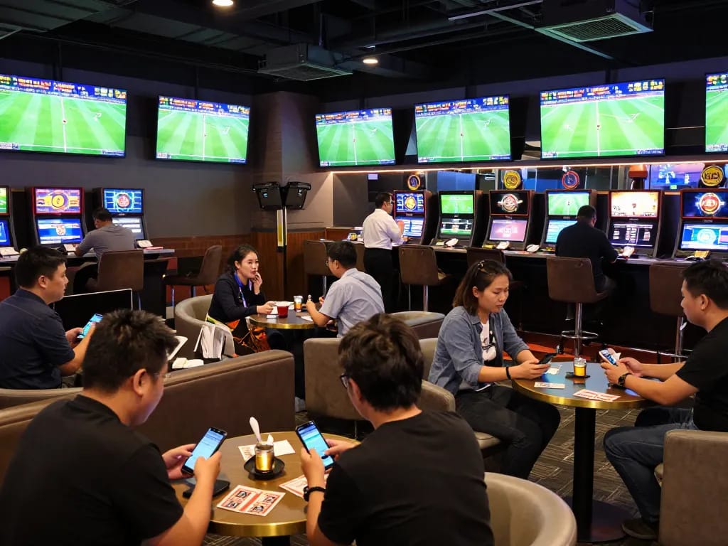 Tỷ Lệ Bóng Đá calculated odds and bets being placed in an upscale sports betting lounge