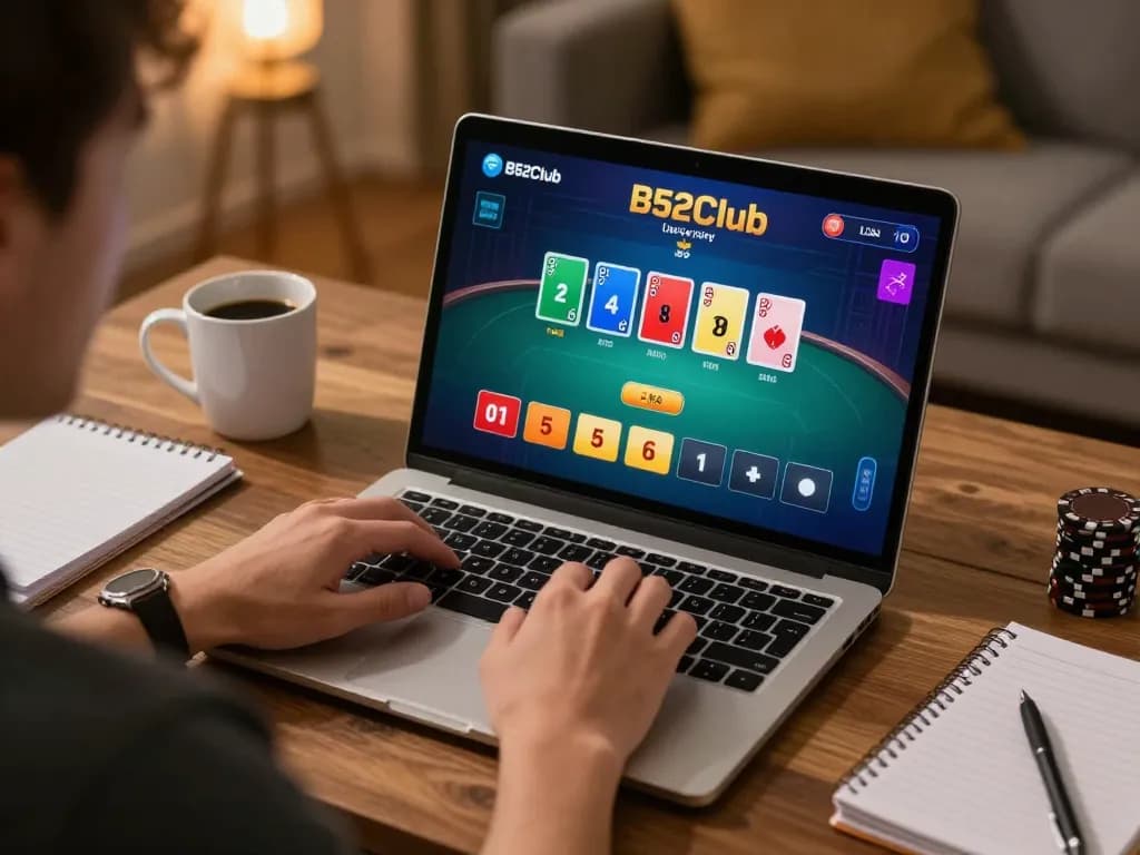 B52Club online poker player engaging in live dealer game while managing strategy in a cozy setting