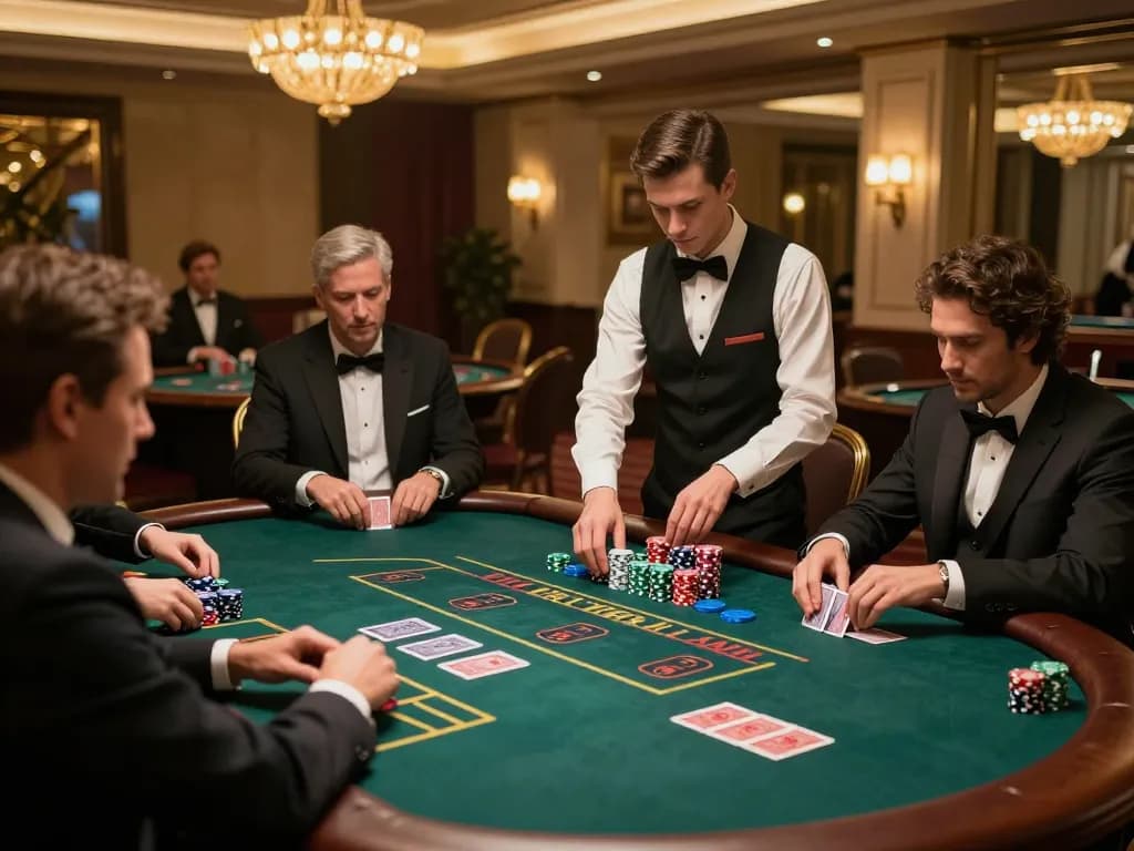 Rikvip players actively engaged in an intense baccarat game, with vibrant casino atmosphere.