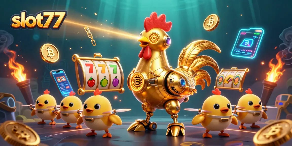 Spin lucky reels on slot77 with a golden rooster robot and crypto elements in a vibrant casino scene.