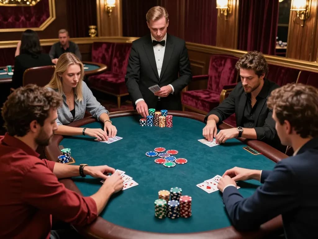 Engaged players at the poker table in a vibrant casino setting showcasing 888VI COM.
