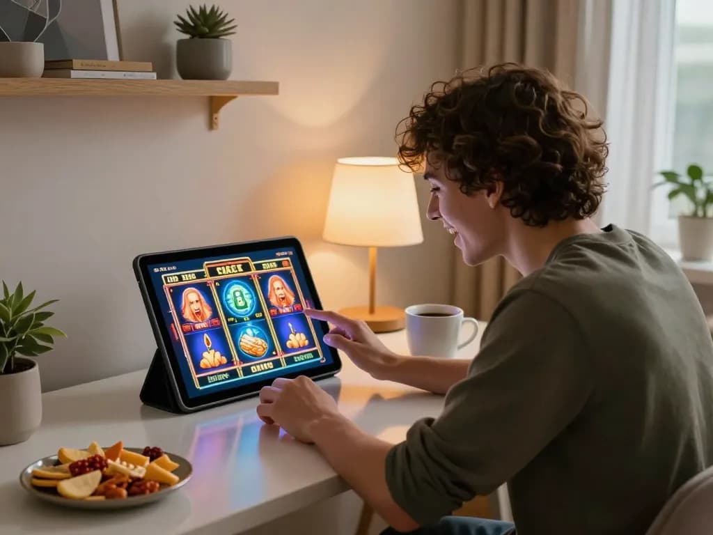 Player enjoying an exciting game of slots on 68win tablet in a cozy home environment