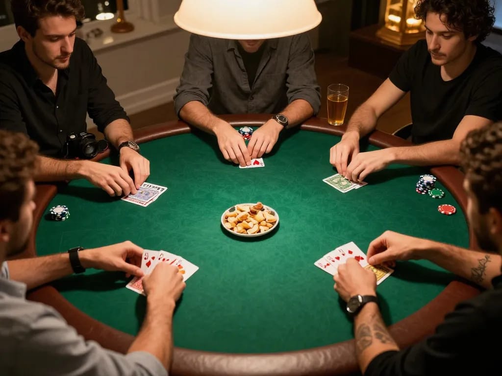 B52 CLUB players engaged in a lively home poker game, showing dynamic card play and strategic interactions.