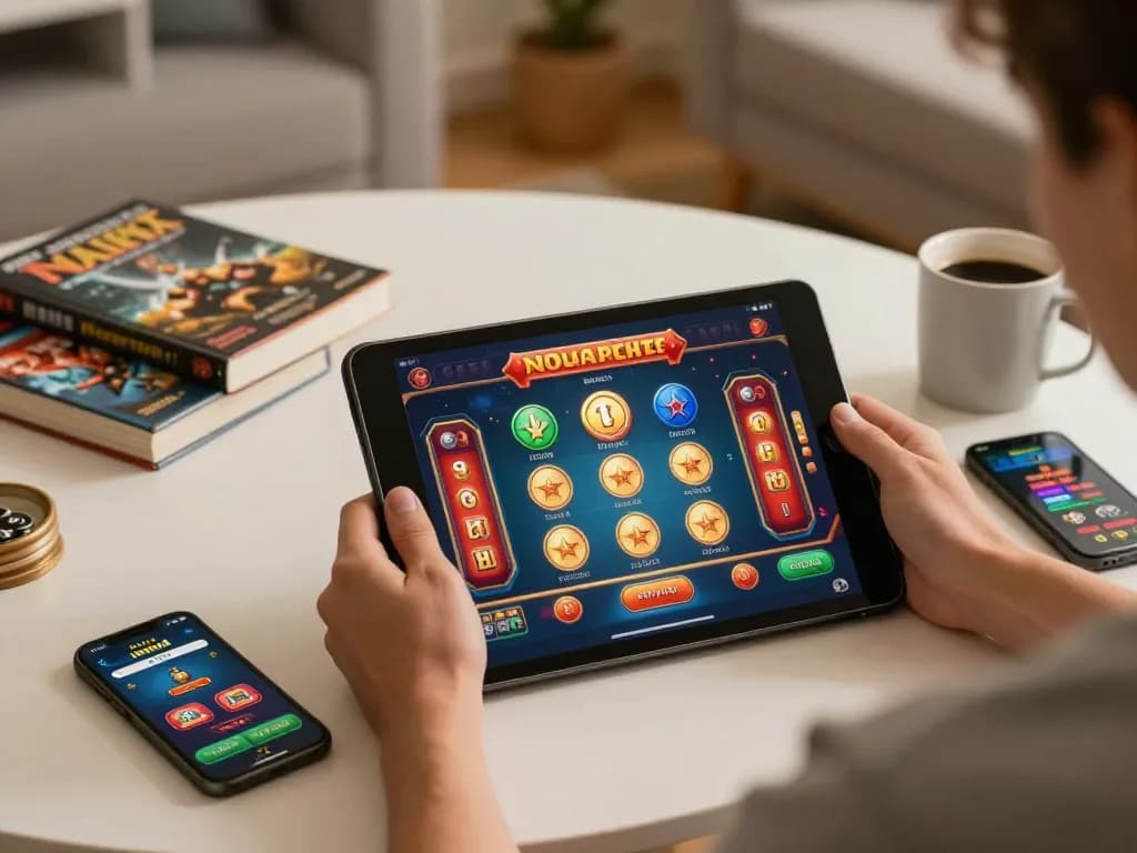 Engaging player at home using dinamit4d app on tablet for immersive online gambling experience.