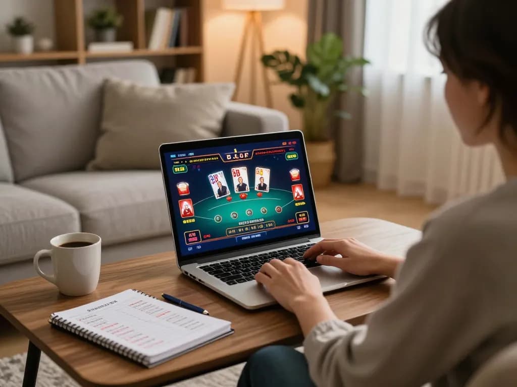 33win player enjoying online poker game in a cozy home setting with strategies at hand.