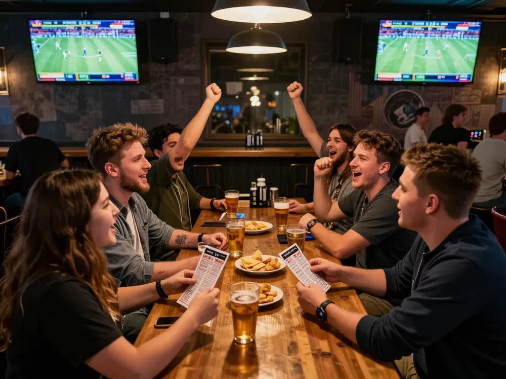 Fans engaging in sports betting excitement at a lively bar while using god55vn for real-time wagers
