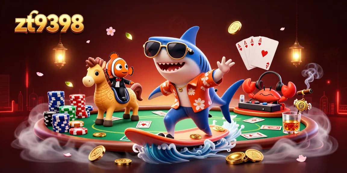 Feel the excitement at zt9398 as a shark surfs on gold coins, with dynamic poker elements enhancing the thrill.