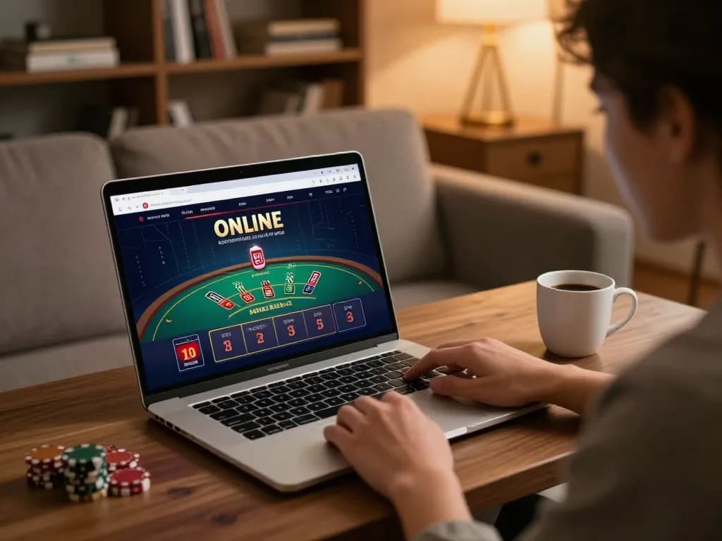 hb88 player engaging in an online blackjack game at home, showcasing stylish gaming setup.