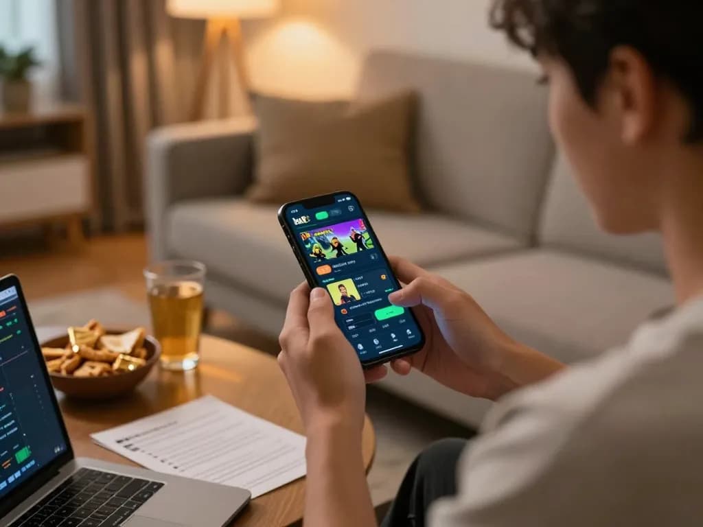 Player engaging with the bk8 mobile app for live betting in a cozy living room.