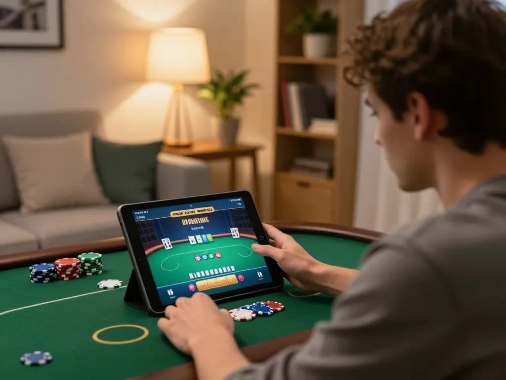 sun win online poker game in a cozy home setting with focused player and colorful chips