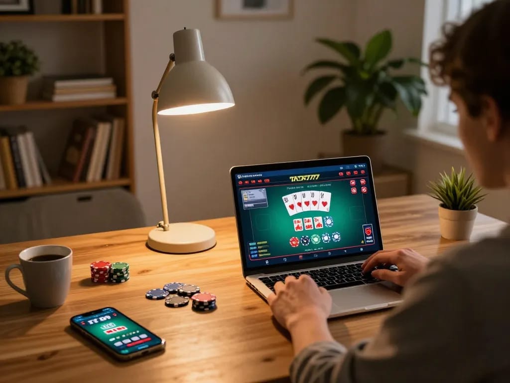 TAYA777 app being played on a laptop during a cozy home gaming session, displaying strategic poker gameplay.