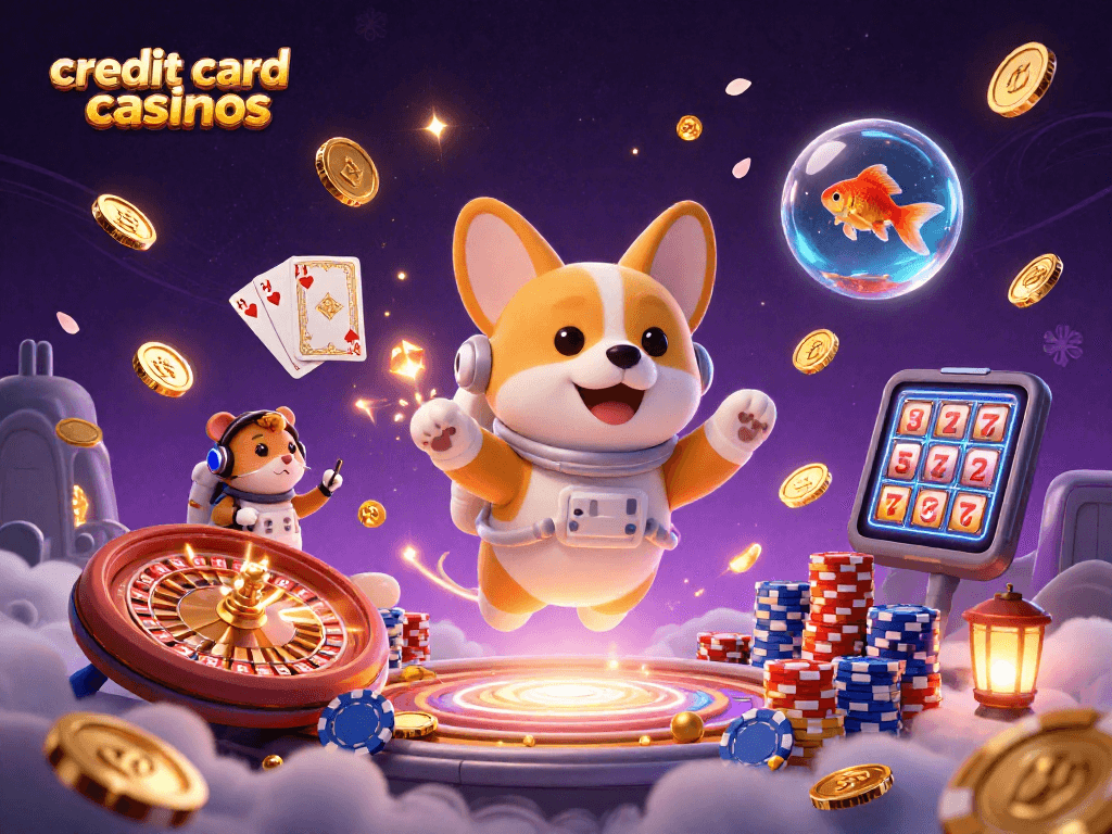 Experience credit card casinos with floating coins and playful characters in a vibrant casino scene.