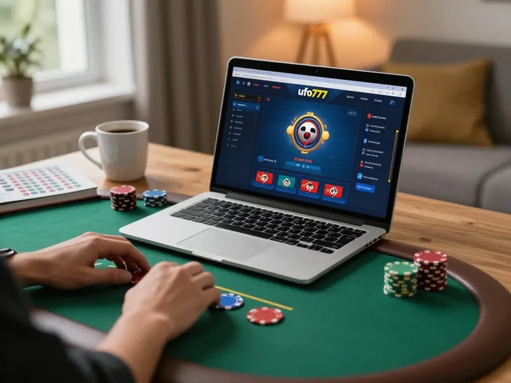 Player interacting with ufo777 online poker platform, blending casual comfort with strategic gameplay.