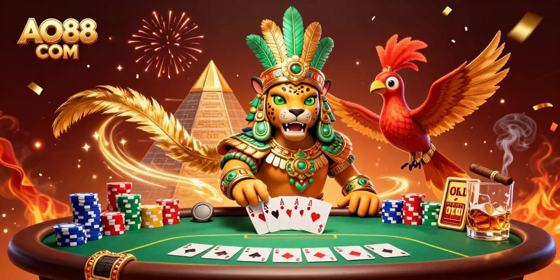 Win big with AO88 COM as the vibrant Mayan jaguar priest and quetzal bird illustrate top casino thrills.