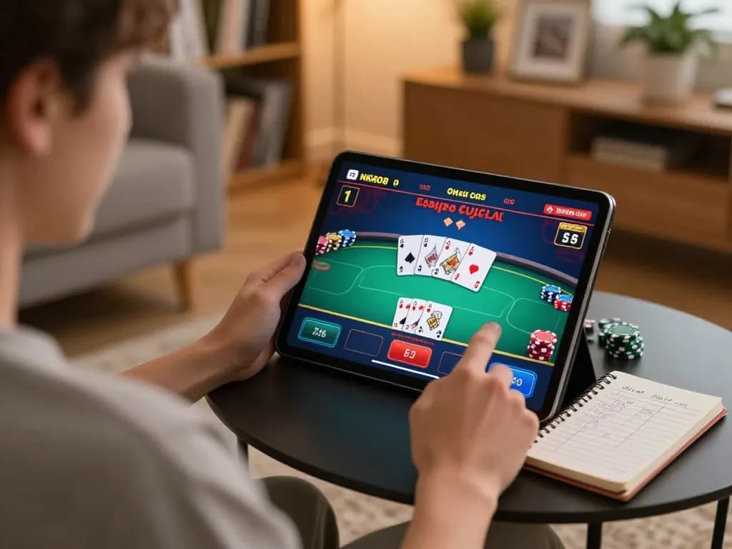 Engaging player enjoys online gaming experience at NK88 COM with tablet and strategy notes.