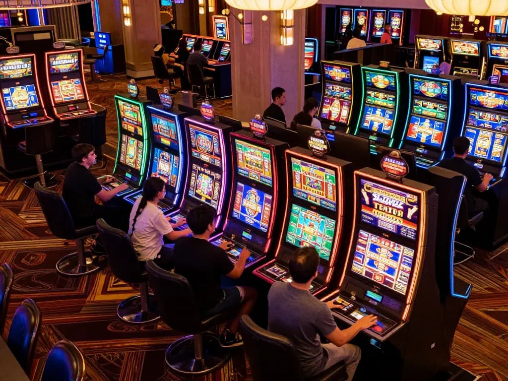 Para pemain terlibat dengan mesin slot yang berwarna-warni di kasino aman788, menunjukkan kegembiraan dan potensi kemenangan.