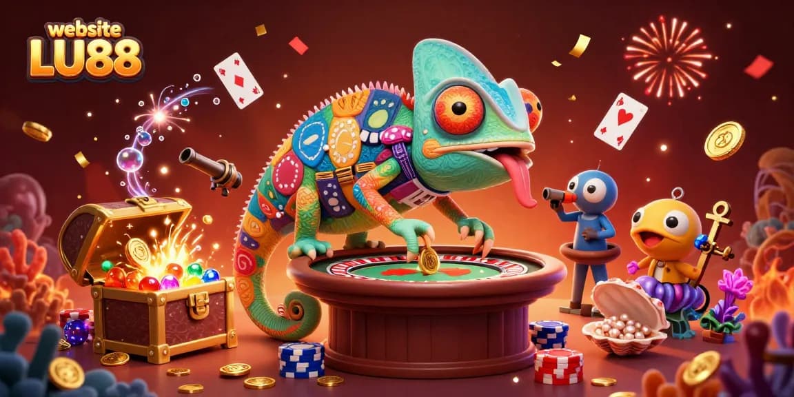 Engage with the exciting website LU88 in a vibrant casino scene filled with festive elements.