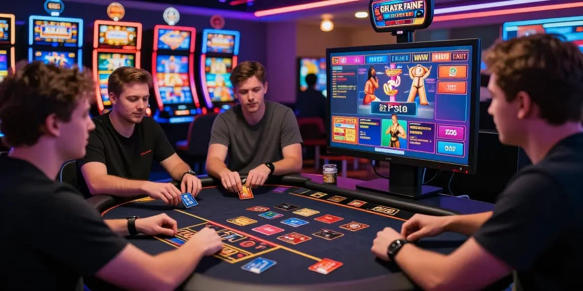 Exciting credit card casino scene with players at a digital gaming table and colorful slot machines in a vibrant online environment.