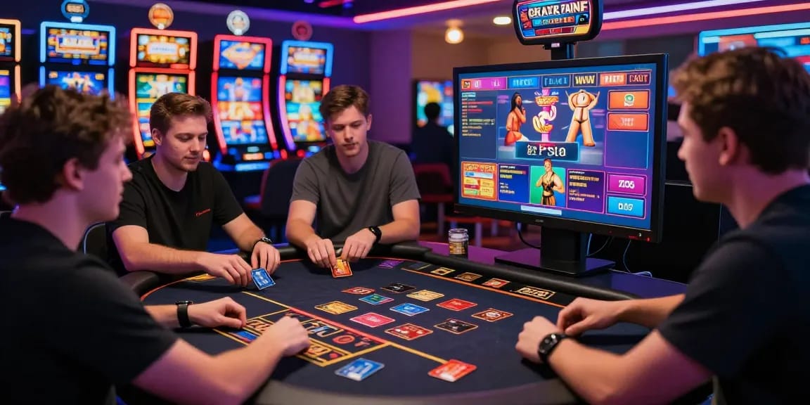 Exciting credit card casino scene with players at a digital gaming table and colorful slot machines in a vibrant online environment.