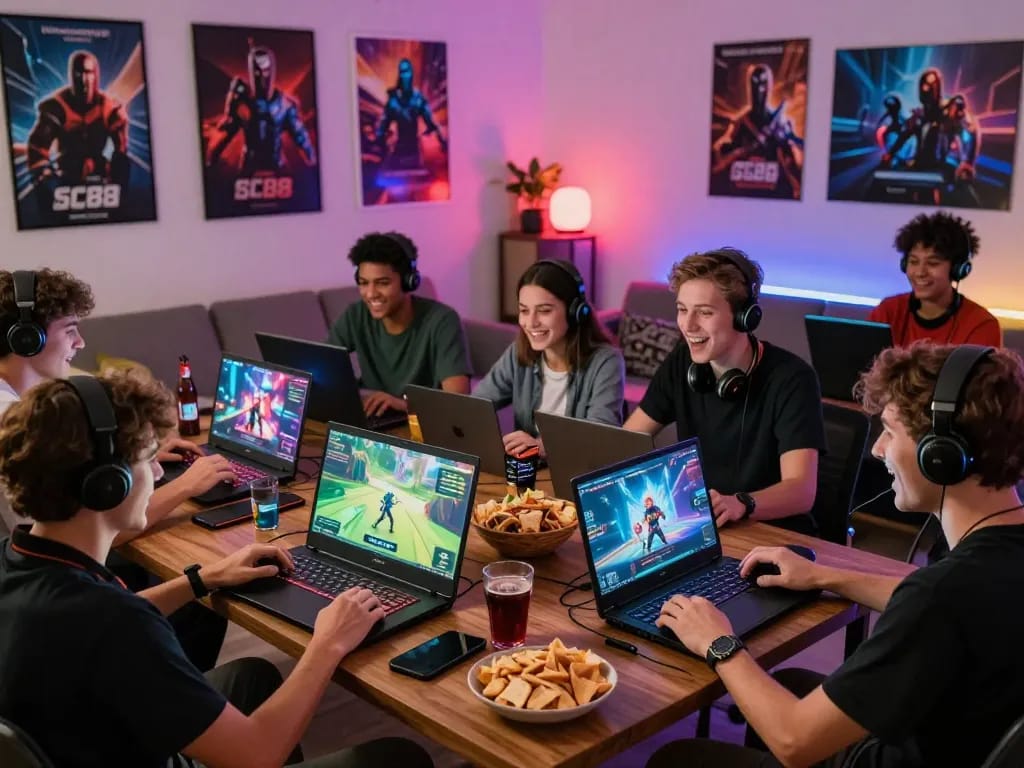 Friends gaming on SC88 in a vibrant living room, capturing excitement and camaraderie.