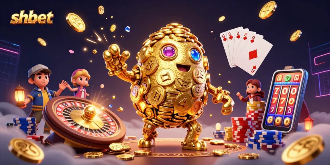 Experience the thrill of 'shbet' with vibrant casino elements and a golden golem.