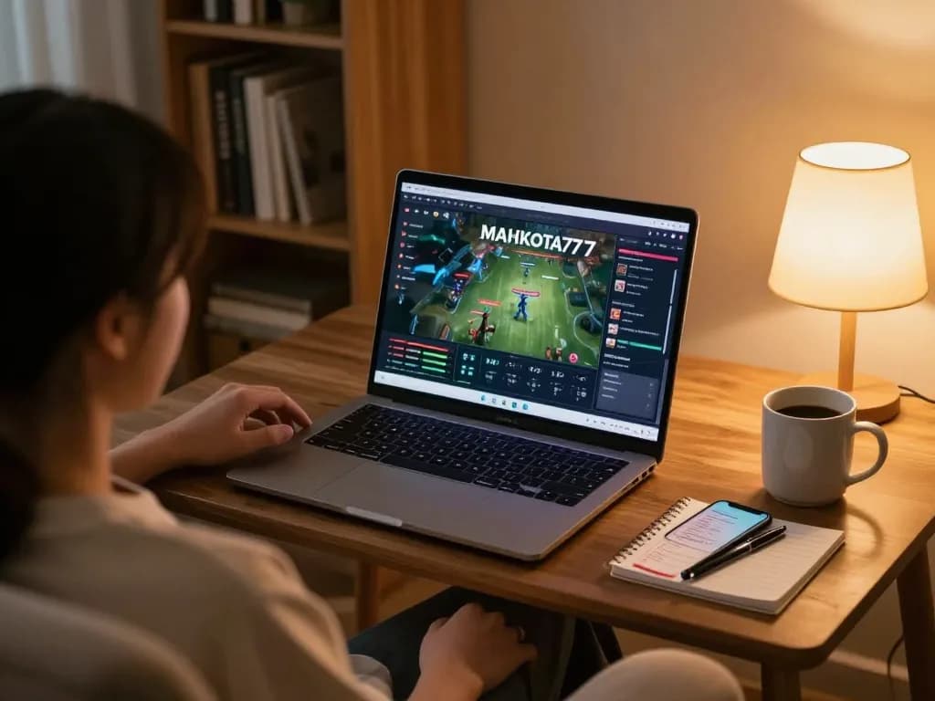 Pengalaman bermain MAHKOTA777 di rumah, menunjukkan setup nyaman dengan laptop dan catatan