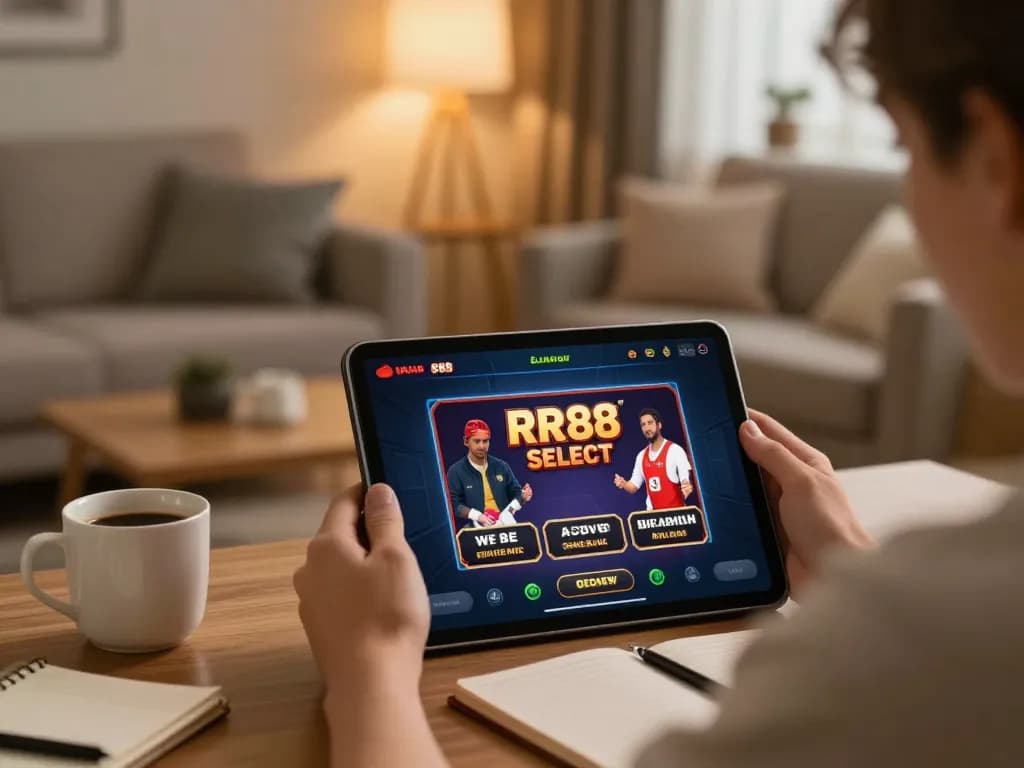 Player engaging with the RR88 SELECT casino app on a tablet while analyzing strategies in a cozy home setting.