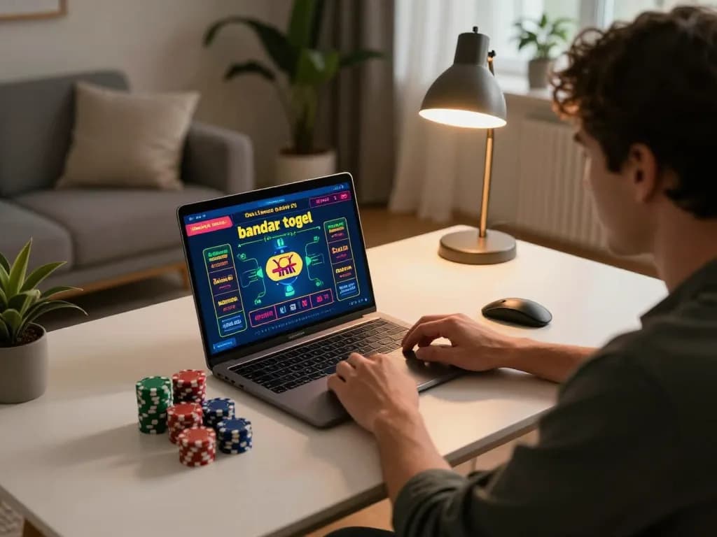 Terlibat dalam permainan bandar togel online di pengaturan rumah yang bergaya, menyoroti kegembiraan dan strategi.