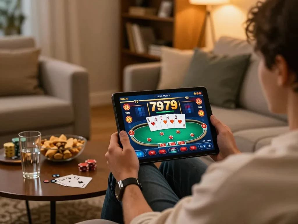 Engaging in fun79 online casino gameplay on tablet while enjoying a cozy home atmosphere